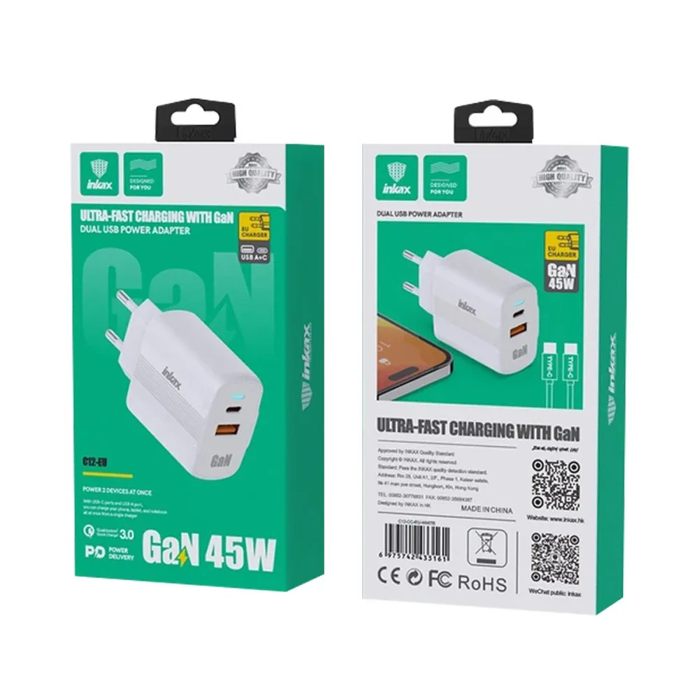 Chargeur Rapide INKAX C12 45W Type-C et USB-A Blanc - Photo 2