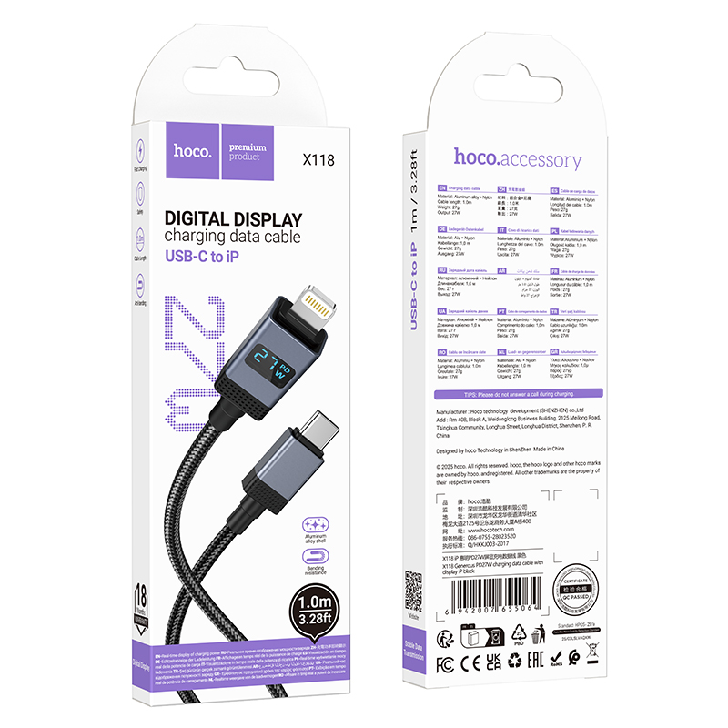 Câble Fast Charge Lightning PD 27W avec Écran HOCO X118 (1.2M) - Photo 7